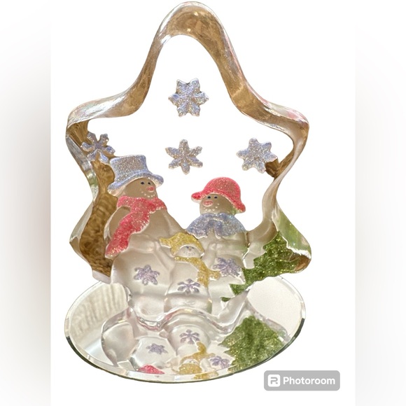 Glitter Snowman Family  Crystal/Glass Christmas Winter Figurine Sits On A Mirror - Picture 2 of 4